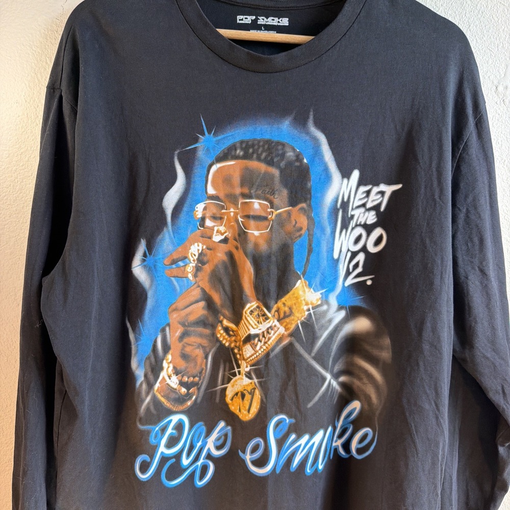 Pop Smoke Men's Long Sleeve Shirt Large L Black Meet The Woo 2 Rap Graphic Tee